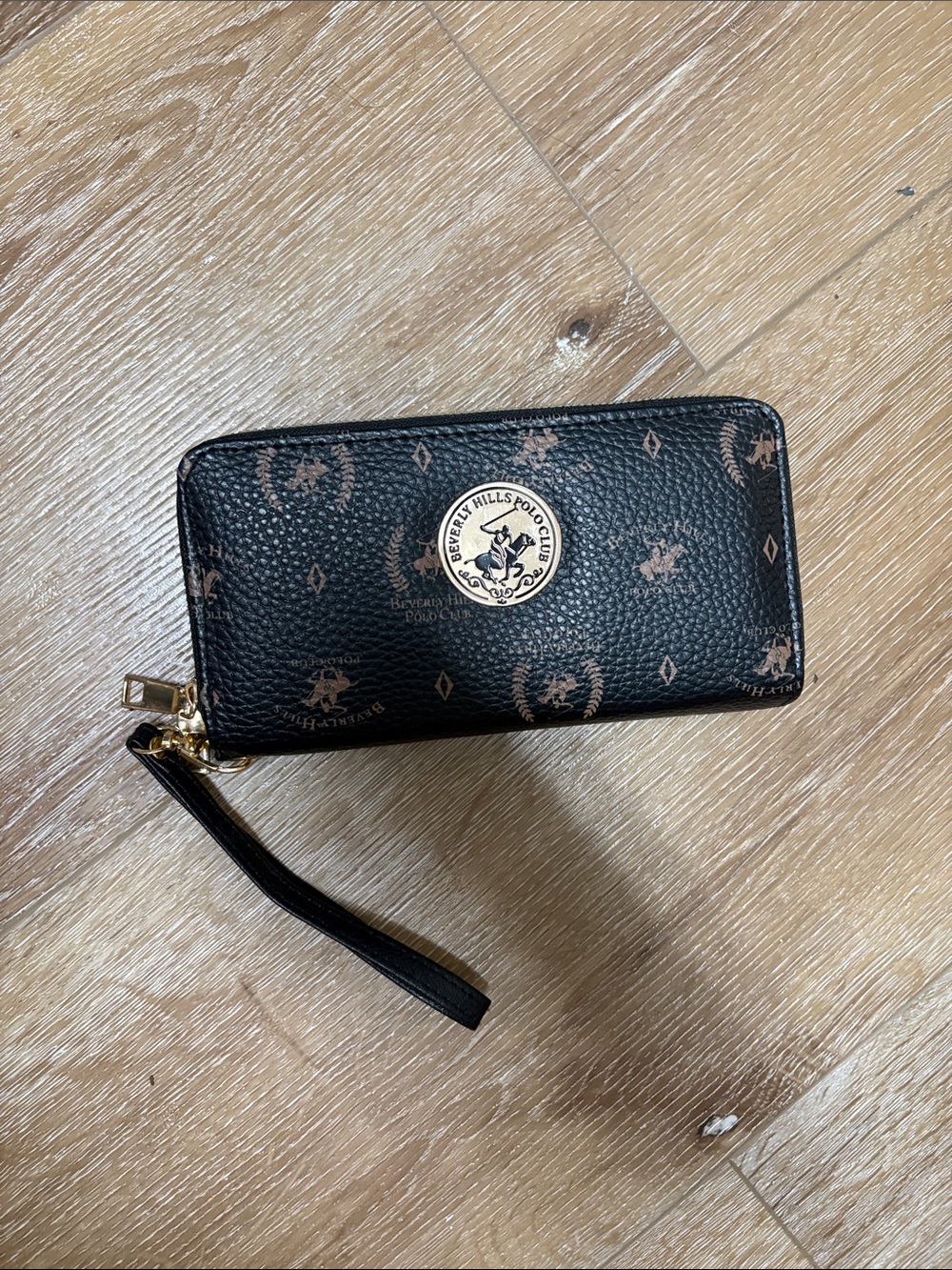 Beverly Hills Polo Club Black Wallet with Gold Emblem and Tan Monogram